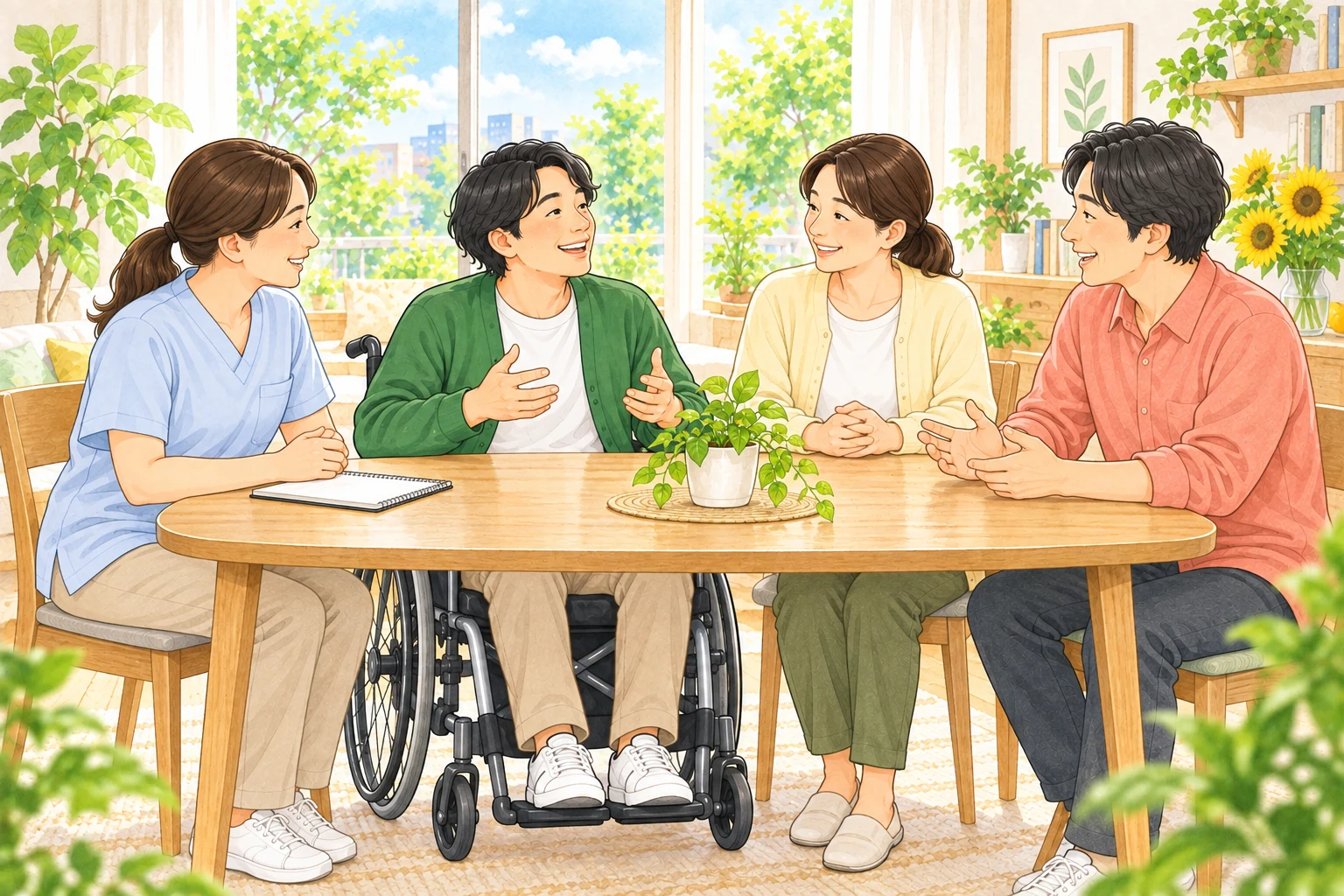 車いすの方とご家族、支援者が一緒に暮らしについて相談する様子