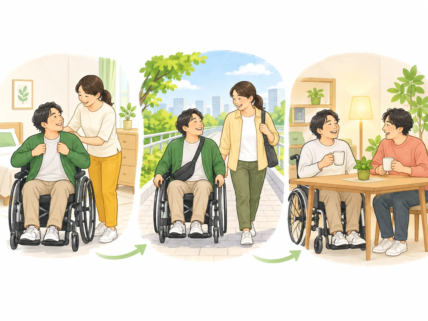 車いすを使う大人の方の、朝の身支度、支援者と出かける日中、帰宅後に語らうひとときを描いたイラスト