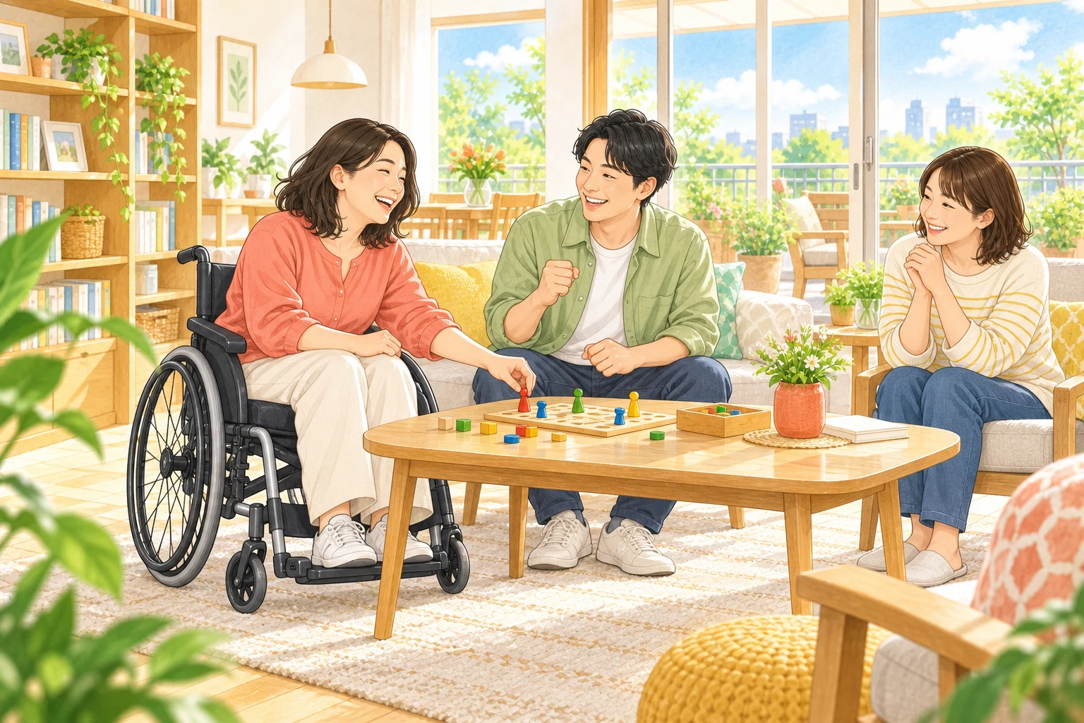 明るいリビングで、車いすの方と仲間がゲームを楽しみ、笑顔を交わす様子