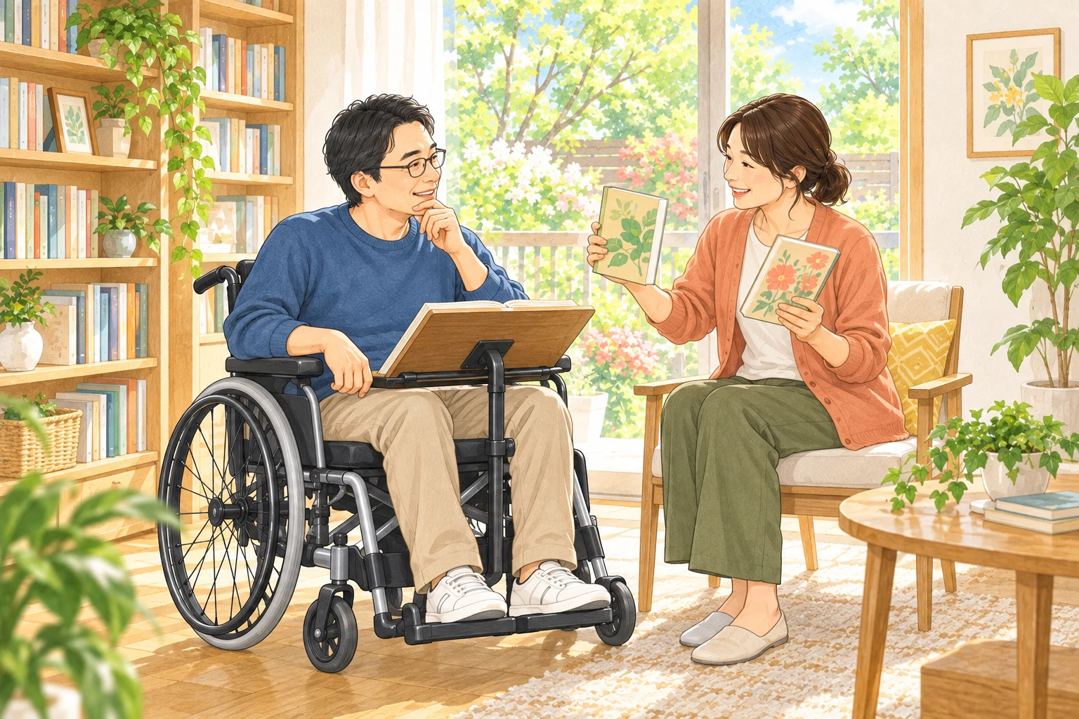 窓辺の読書スペースで、車いすの方が支援者と読みたい本を選ぶ様子
