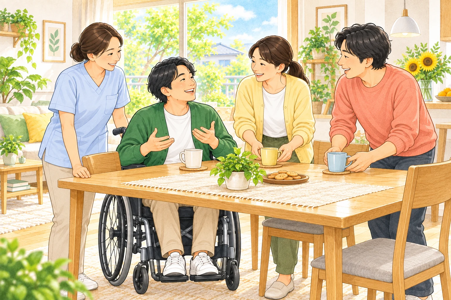 車いすの方と支援スタッフが、笑顔でお茶の時間を楽しむ様子