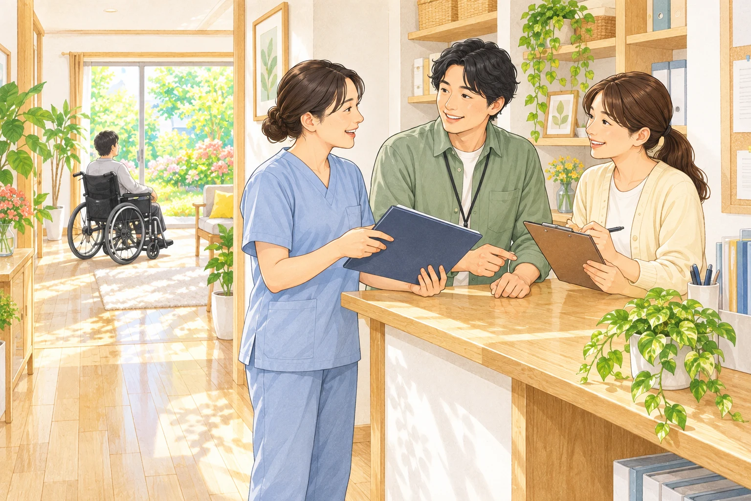 看護師と支援スタッフが、日々のケアについて情報を共有する様子