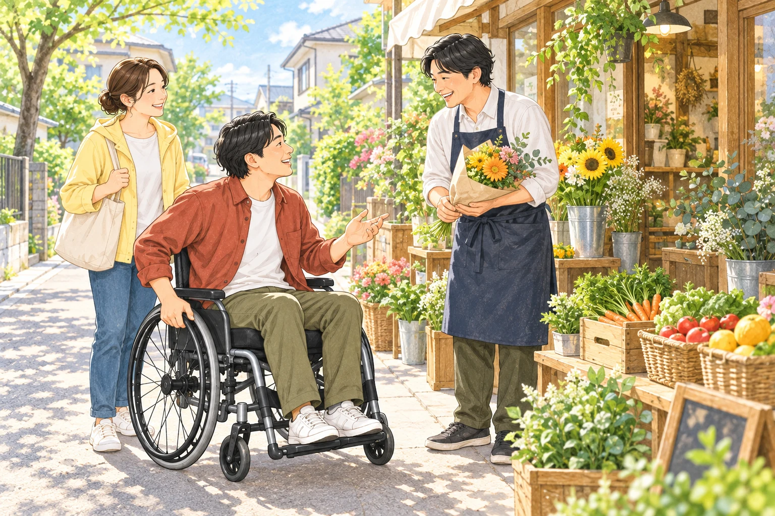 地域の花屋で、車いすの方が店の方と笑顔で交流する様子