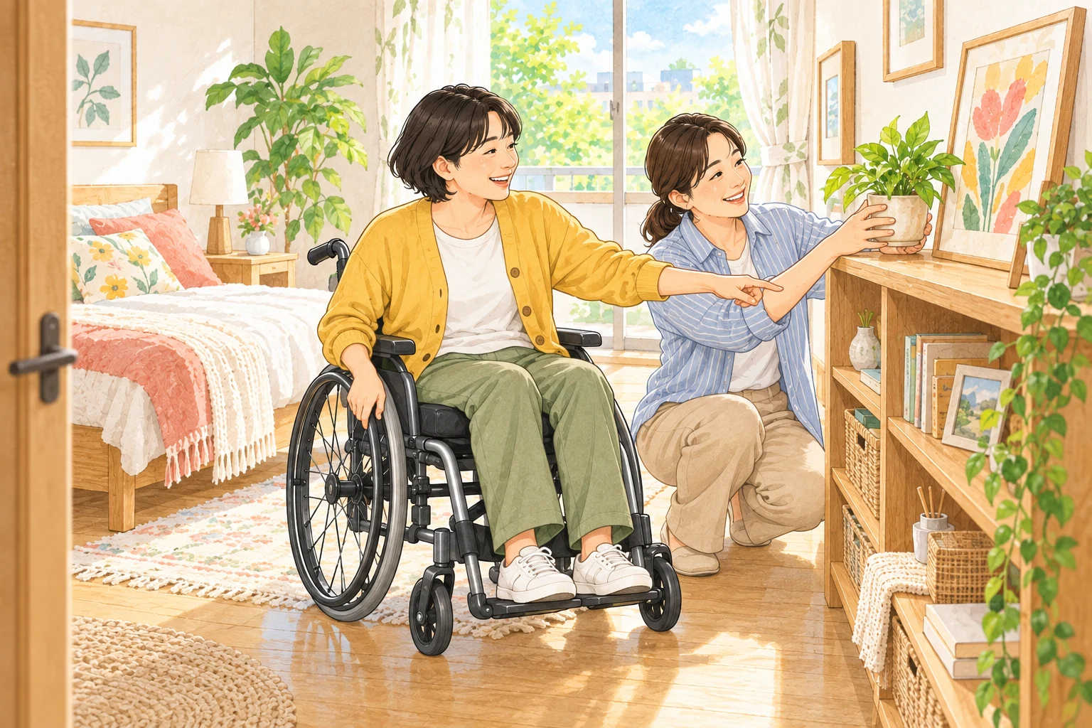 自分の部屋で、車いすの方が支援者と植物の置き場所を選ぶ様子
