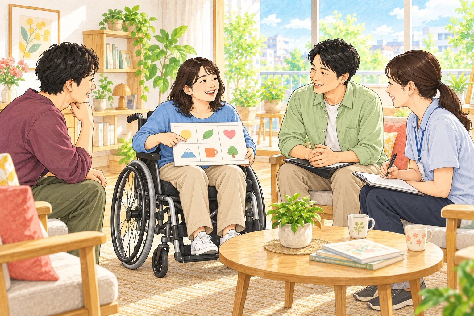 車いすの方の希望を、ご家族と支援者が一緒に聞く様子